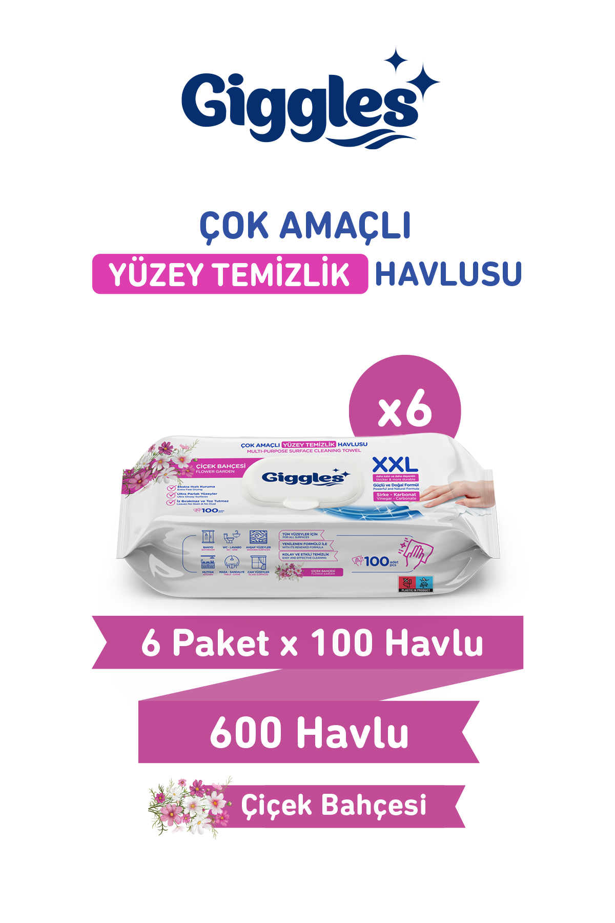 Giggles XXL İz Bırakmayan Yüzey Temizlik Havlusu - (Çiçek Bahçesi) 600 Yaprak